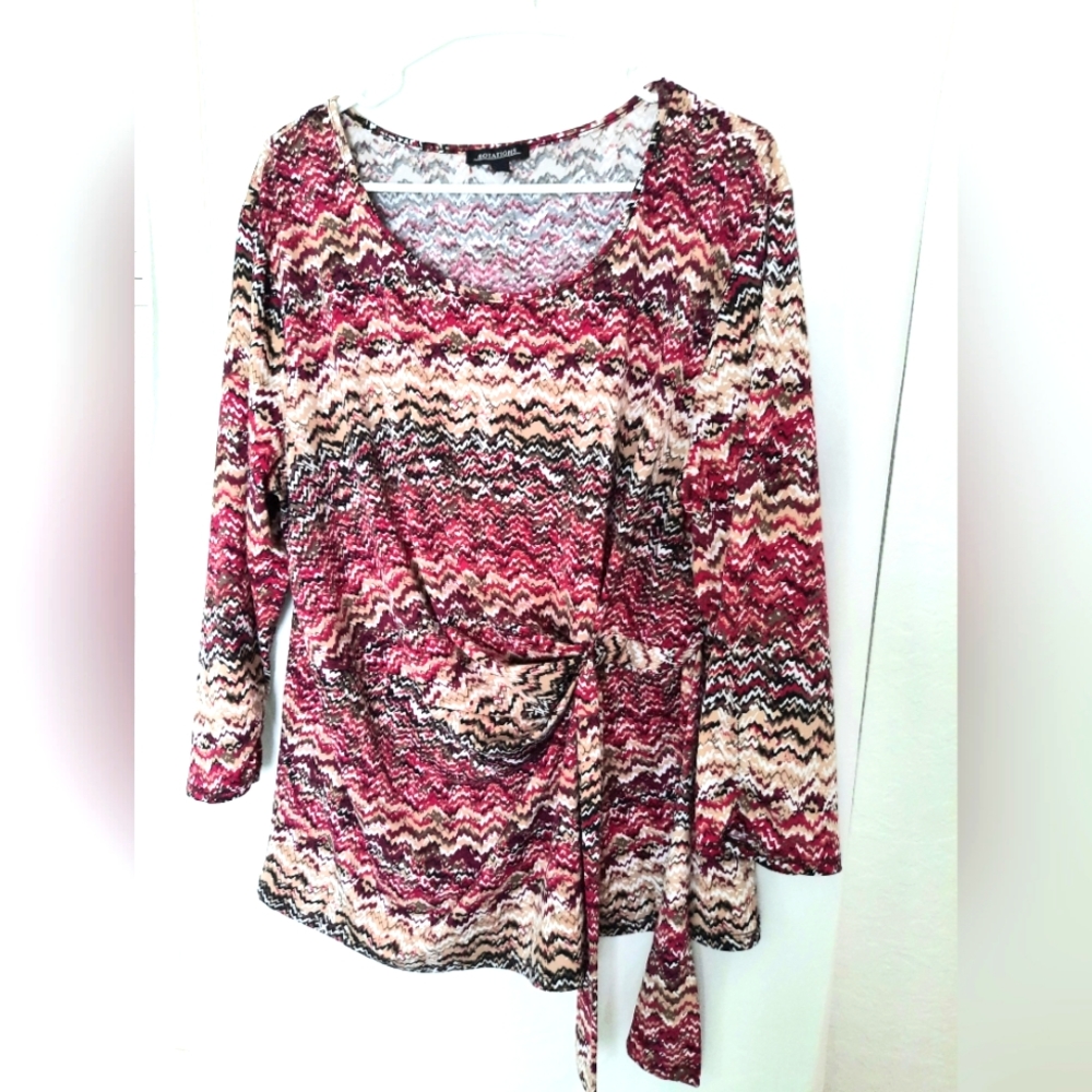 Notations Womens Blouse Quilted at Side with Bow Stretch Red Multicolor Size XL